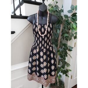 Womens A Line Dress Black Printed Smocked Sleeveless Spaghetti Straps Pleated S